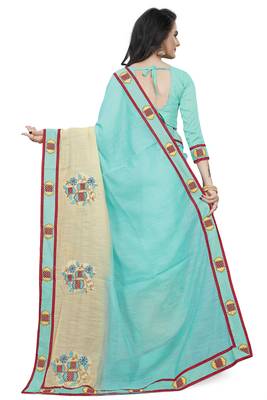 Turquoise Embroidered Cotton Saree With Blouse 3