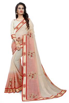 Cream Embroidered Cotton Saree With Blouse 1