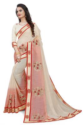 Cream Embroidered Cotton Saree With Blouse 2