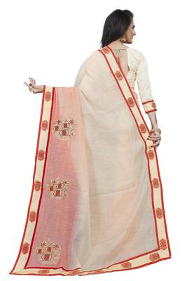 Cream Embroidered Cotton Saree With Blouse 3