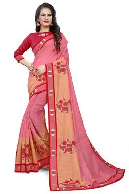 Pink Embroidered Cotton Saree With Blouse 1