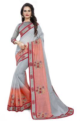 Grey Embroidered Cotton Saree With Blouse 1