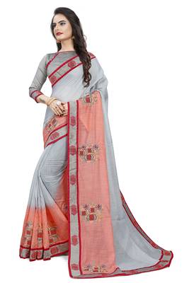 Grey Embroidered Cotton Saree With Blouse 2