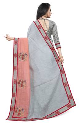Grey Embroidered Cotton Saree With Blouse 3