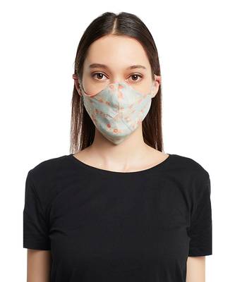 PS Pret by Payal Singhal Coral and Aqua Chidiya Print Reversible 3 Ply Face Mask with Pouch 1