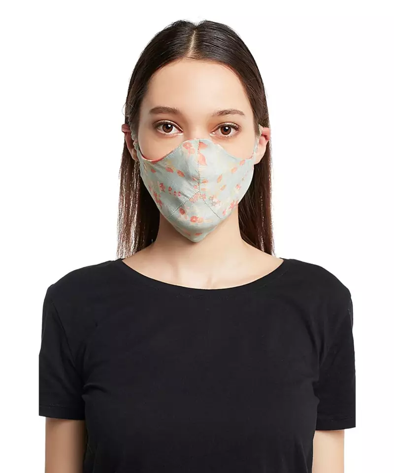 Payal Singhal Coral and Aqua Chidiya print reversible 3 ply face mask with pouch