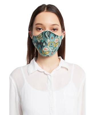 PS Pret by Payal Singhal White and Blue Ikat Love Print Reversible 3 Ply Mask with Pouch 1