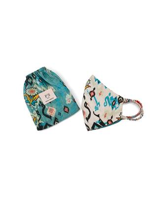 PS Pret by Payal Singhal White and Blue Ikat Love Print Reversible 3 Ply Mask with Pouch 2
