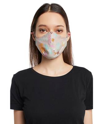 PS Pret by Payal Singhal Grey and Lavender Bandhani Kilim Print Reversible 3 Ply Mask with Pouch 1