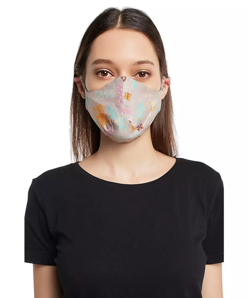 Payal Singhal Grey and Lavender Bandhani Kilim print reversible 3 ply face mask with pouch