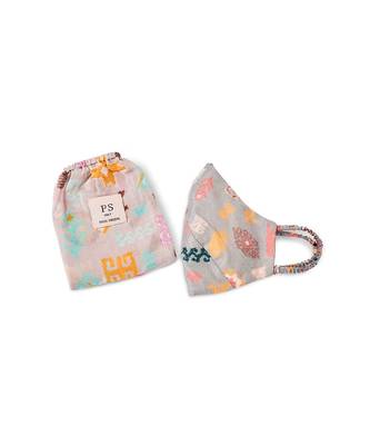 PS Pret by Payal Singhal Grey and Lavender Bandhani Kilim Print Reversible 3 Ply Mask with Pouch 2