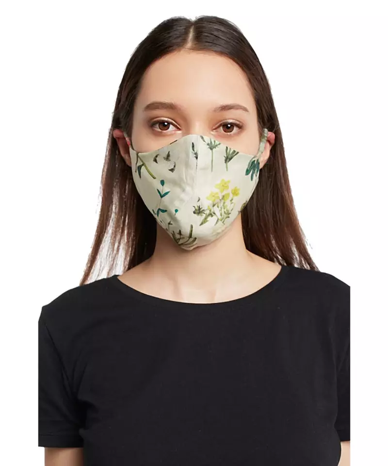 Payal Singhal Aqua and Ivory Titli print reversible 3 ply face mask with pouch