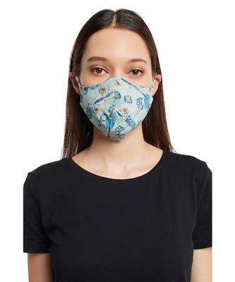 PS Pret by Payal Singhal White and Blue Ikat Line Print Reversible 3 Ply Mask with Pouch 1