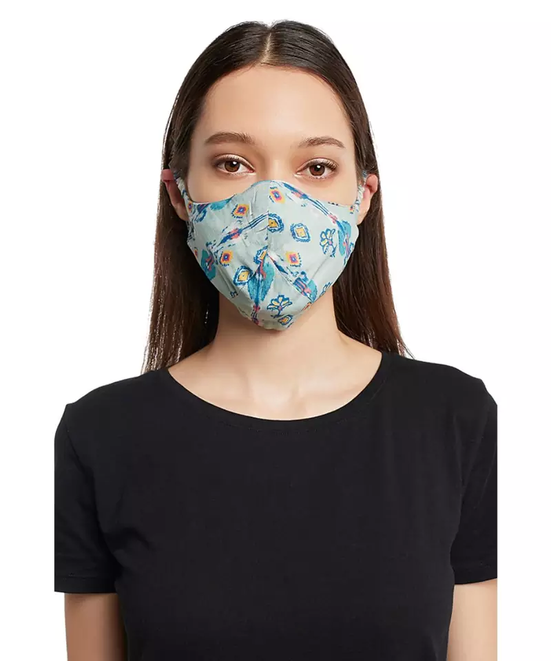 Payal Singhal White and Blue Ikat Line print reversible 3 ply face mask with pouch