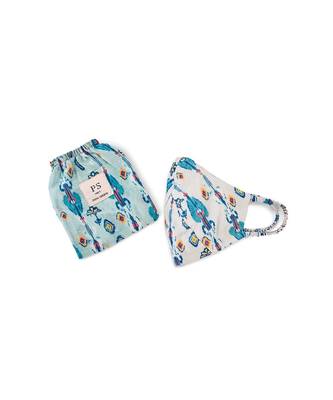 PS Pret by Payal Singhal White and Blue Ikat Line Print Reversible 3 Ply Mask with Pouch 2