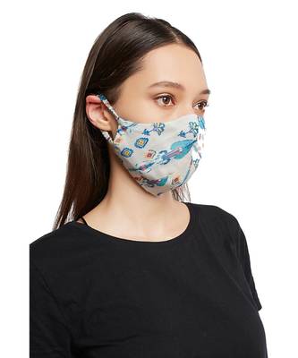 PS Pret by Payal Singhal White and Blue Ikat Line Print Reversible 3 Ply Mask with Pouch 4