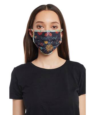 PS Pret by Payal Singhal Navy Spring Print with Aqua Hand Painted Print Pleated 3 Ply Mask with Pouch 1