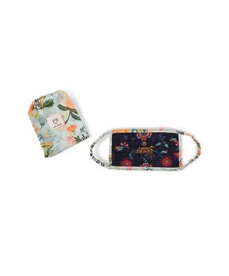 PS Pret by Payal Singhal Navy Spring Print with Aqua Hand Painted Print Pleated 3 Ply Mask with Pouch 2