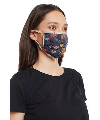 PS Pret by Payal Singhal Navy Spring Print with Aqua Hand Painted Print Pleated 3 Ply Mask with Pouch 3