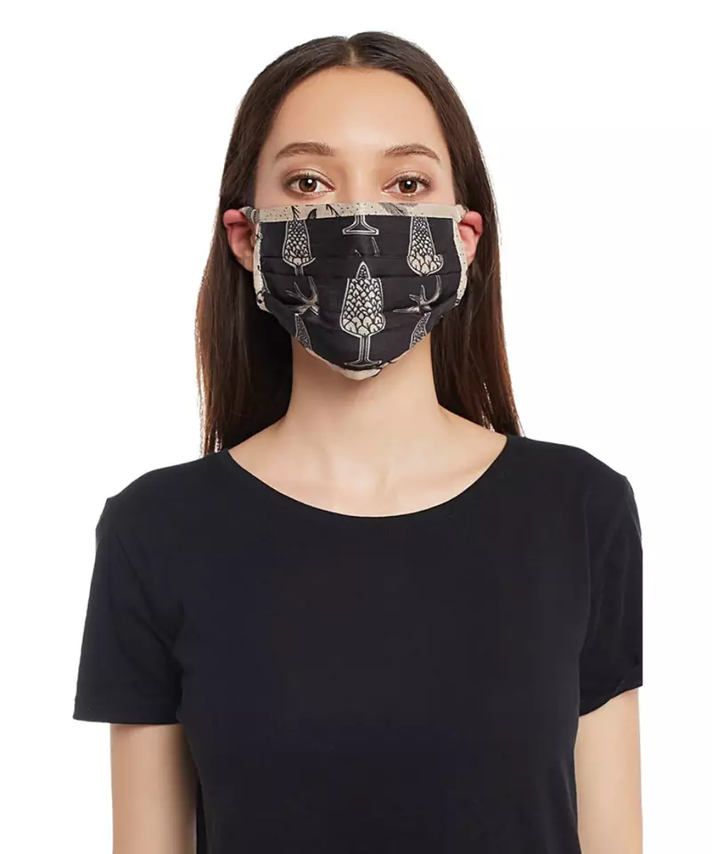 Payal Singhal Black Pine Cone with Blush Jannat print pleated 3 ply mask with pouch