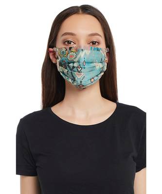 PS Pret by Payal Singhal Blue and Pink Ikat Love Print Pleated 3 Ply Mask with Pouch 1