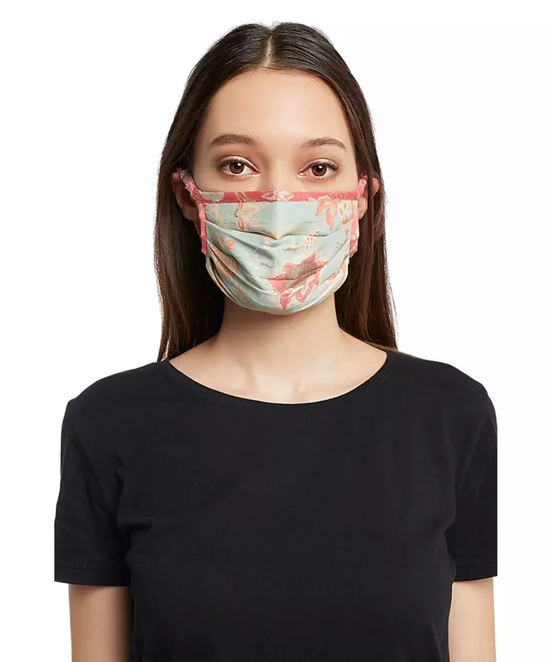 Payal Singhal Aqua and Coral Chidiya print pleated 3 ply mask with pouch