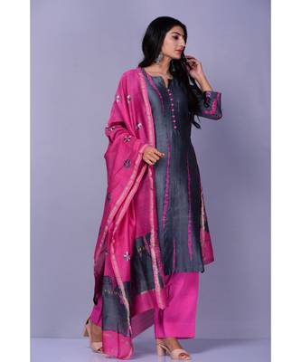 Grey And Magenta Chanderi Silk Suit Set 1