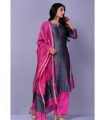 Grey And Magenta Chanderi Silk Suit Set