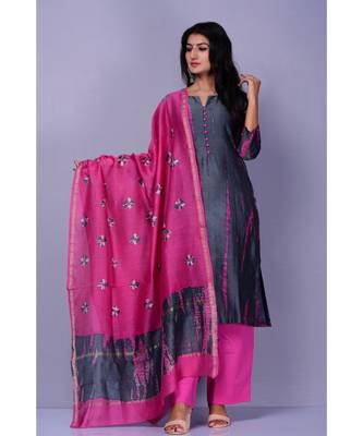 Grey And Magenta Chanderi Silk Suit Set 2