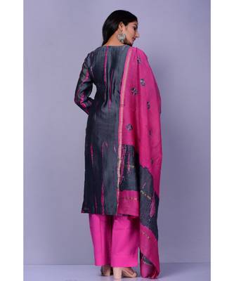 Grey And Magenta Chanderi Silk Suit Set 4
