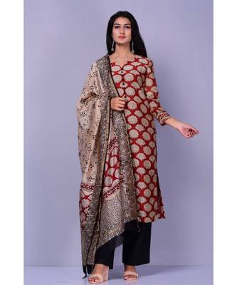 Maroon and Black Chanderi Suit Set 1
