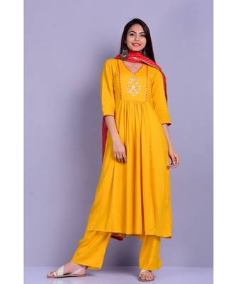 Mustard Suit with red leheriya Stole 1