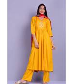 Mustard Suit with red leheriya Stole