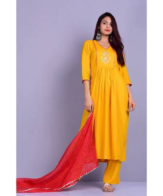 Mustard Suit with red leheriya Stole 3