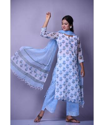White And Blue Kota Doriya Suit Set 1