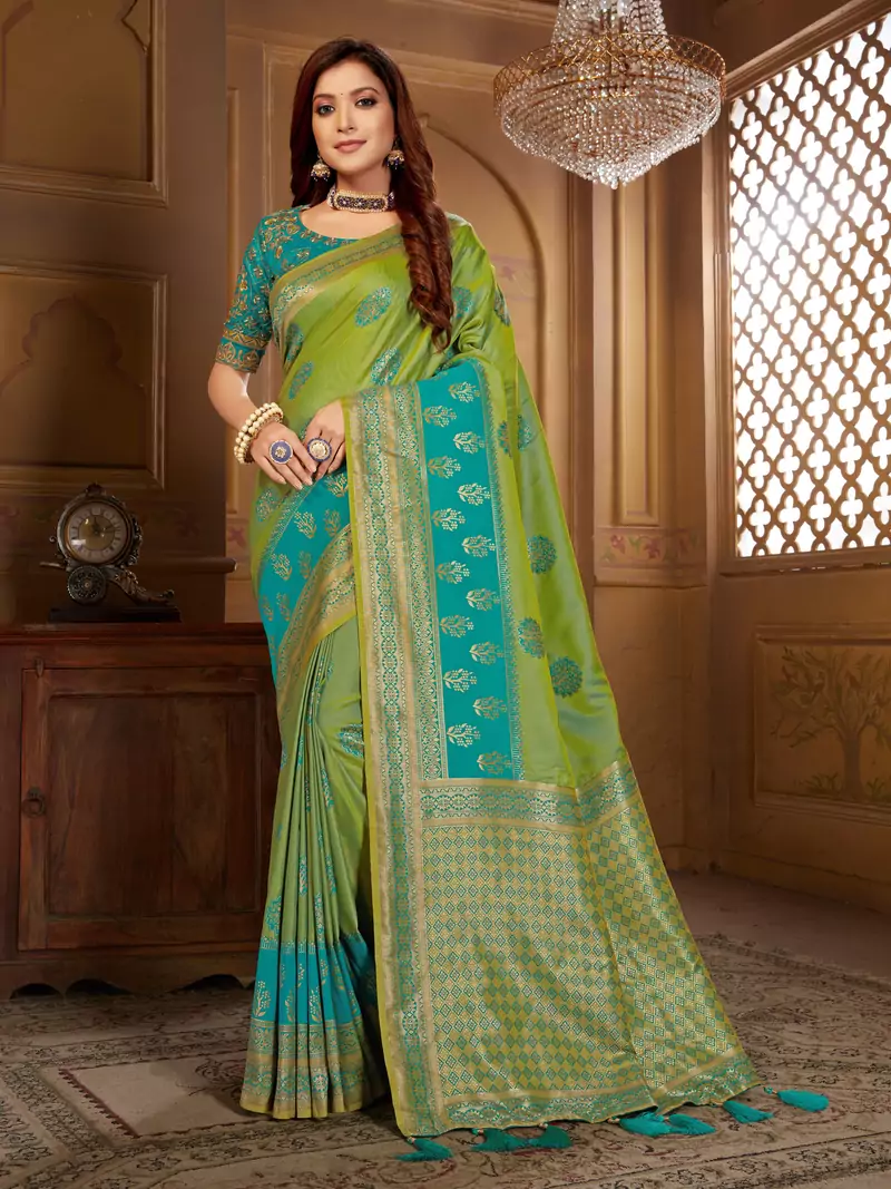 Green woven banarasi saree with blouse
