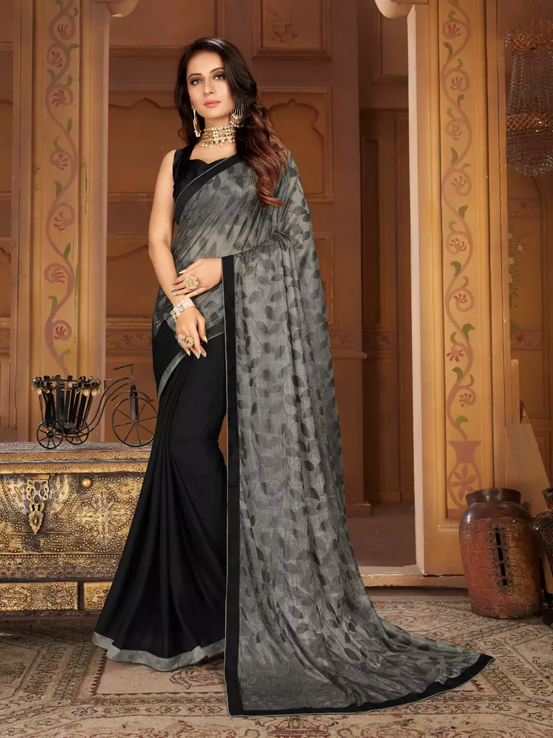 Sutram Black & Grey Lycra Printed Sari with Blouse Peice