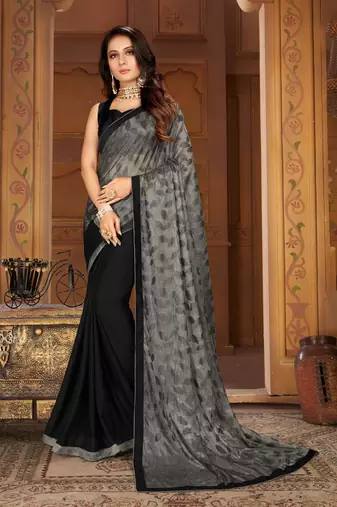 Sutram Black & Grey Lycra Printed Sari with Blouse Peice