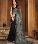 Sutram Black & Grey Lycra Printed Sari with Blouse Peice