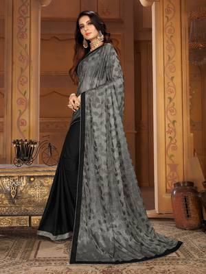 Sutram Black & Grey Lycra Printed Sari with Blouse Peice 2