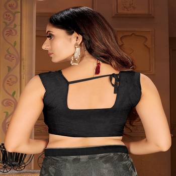 Sutram Black & Grey Lycra Printed Sari with Blouse Peice 5