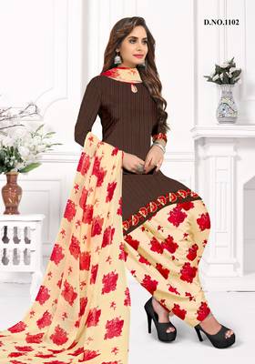 Women'S Brown Crepe Printed Unstitched Salwar Suit Dress Material 3