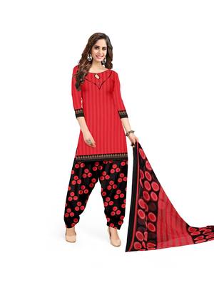 Women'S Carrot Red Crepe Printed Unstitched Salwar Suit Dress Material 1