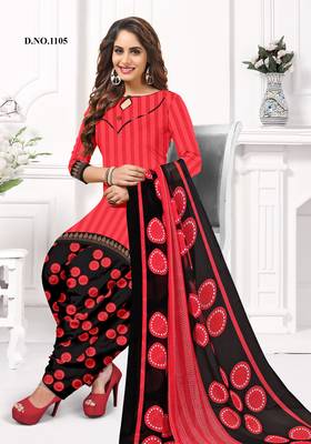 Women'S Carrot Red Crepe Printed Unstitched Salwar Suit Dress Material 3