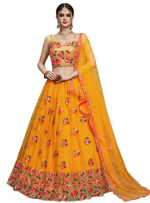  Mustard Yellow Thread And Sequins Embroidered Net Indian Wedding Lehenga Dress 6