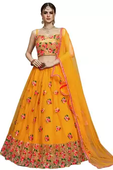  Mustard Yellow Thread And Sequins Embroidered Net Indian Wedding Lehenga Dress