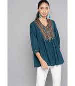 Ritu Kumar Blue V Neck 3/4 Sleeve Short Solid top With Embroidered