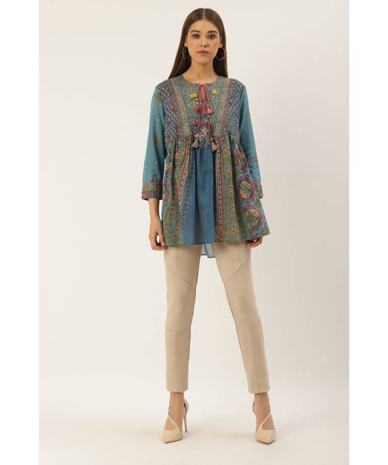 Ritu Kumar Grey Round Neck Full Sleeve Short Printed top With Embroidery