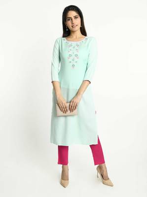 Light-turquoise embroidered rayon embroidered-kurtis 1