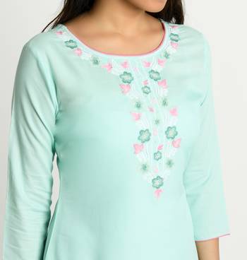 Light-turquoise embroidered rayon embroidered-kurtis 4